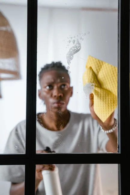 Crop female in purple sweatshirt and latex gloves washing mirror in light apartment in daytime